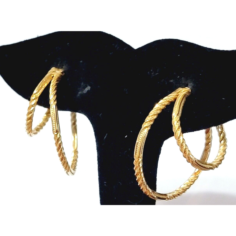 Vintage Double Hoop Pierced Earrings,‎ 1.5” Textured Gold-tone Retro gp-35